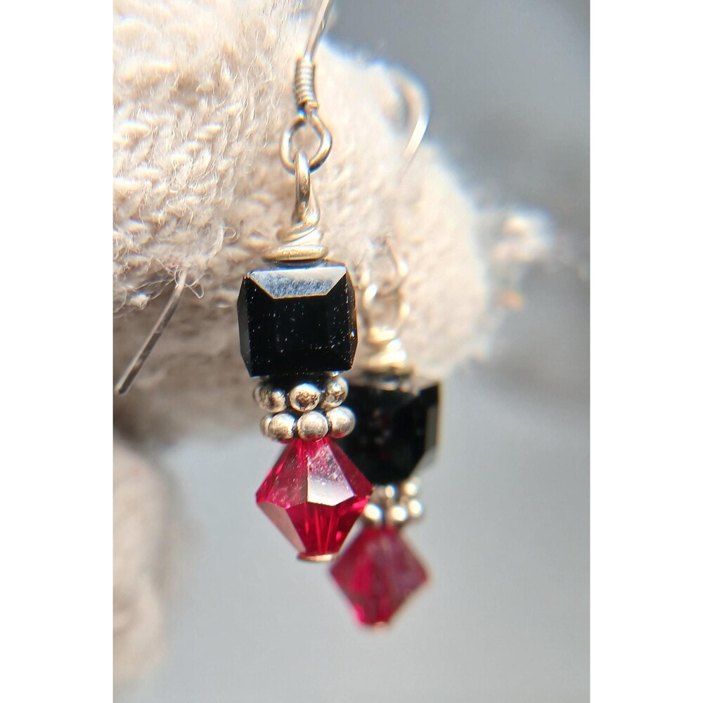 Sterling Silver Black Red Crystal Bead Dangle Earrings - Picture 11 of 16
